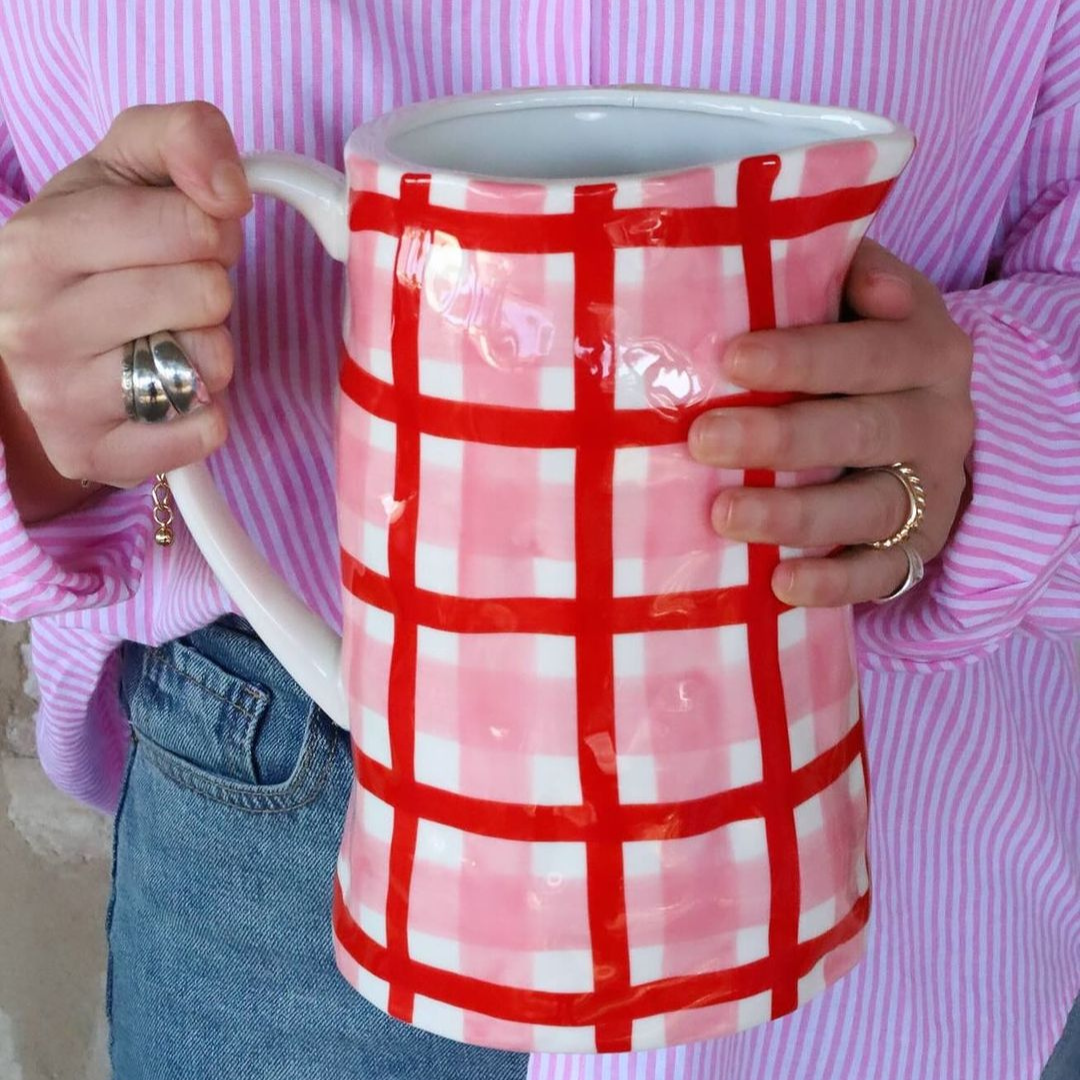Ceramic Jug Australia | Pink & Red Gingham Stripe | Noss and Co