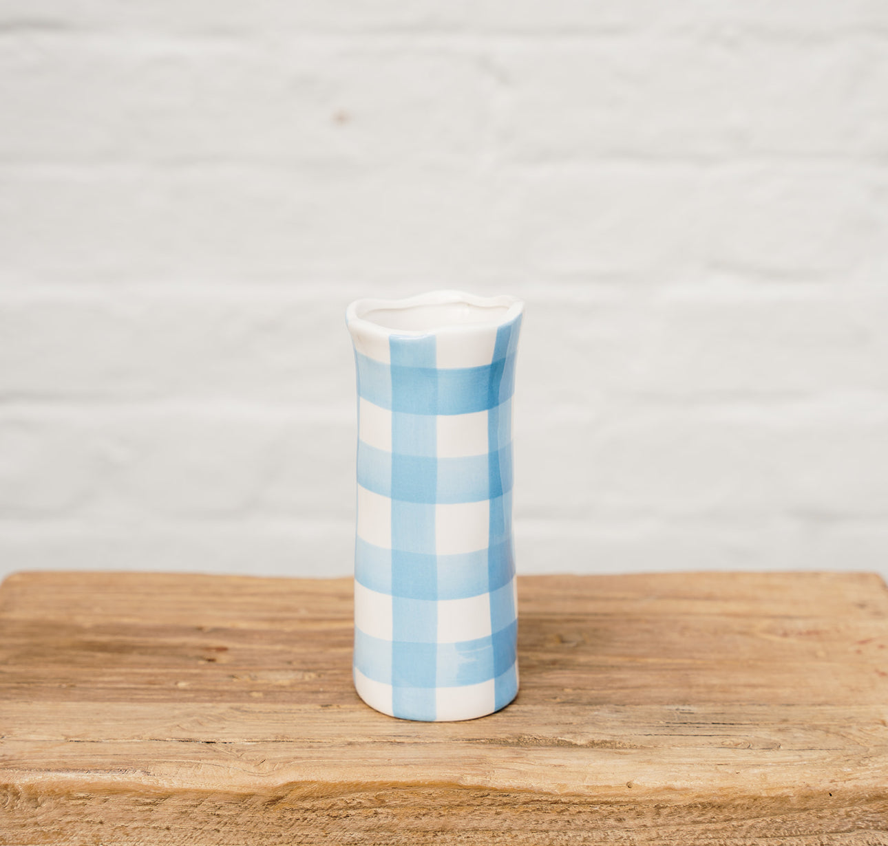 Small Ceramic Vase with Cornflower Blue and White Gingham Design | Noss & Co
