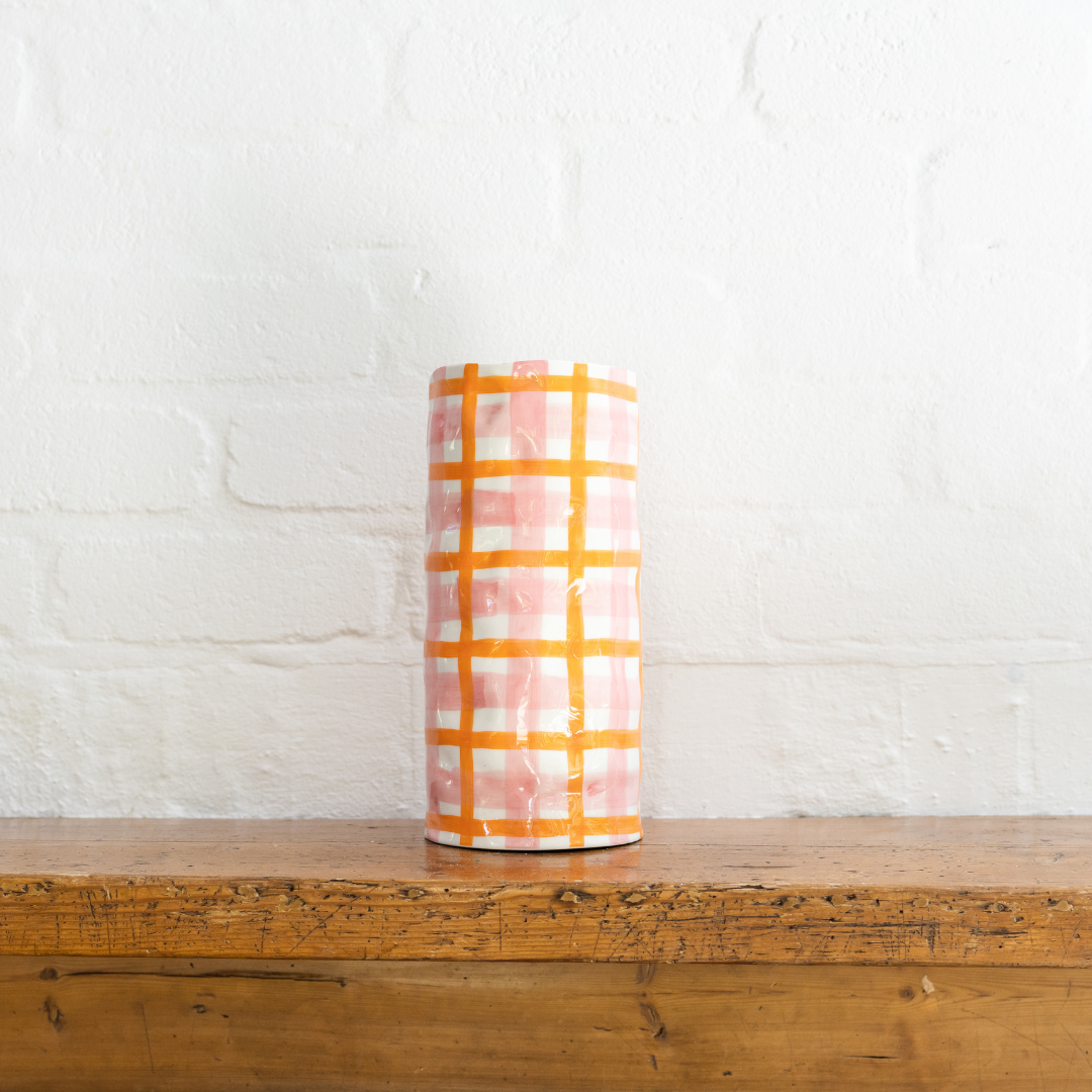 Large Pink & Orange Gingham Noss and Co Ceramic Vase