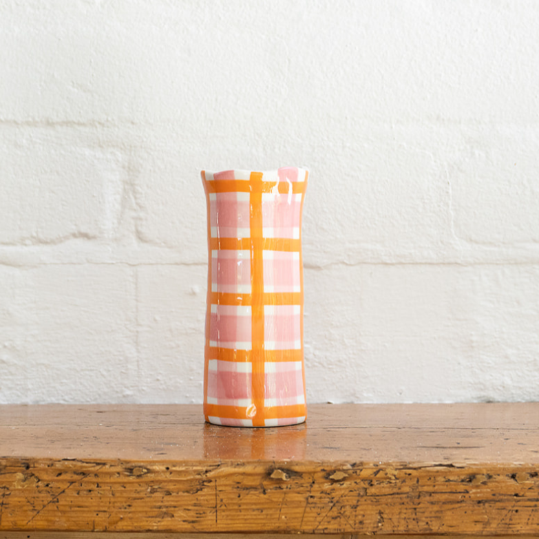 Pink & Orange Gingham Patterned Small Ceramic Vase Australia