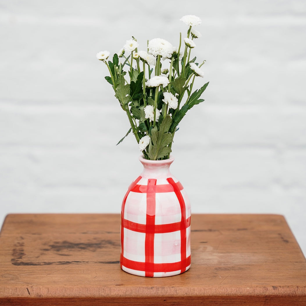 Ceramic Bud Vase Hand Painted with Pink &amp; Red Gingham Pattern | Noss and Co