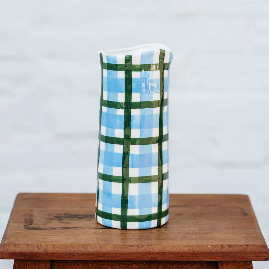Medium Noss and Co Ceramic Vase with Cornflower Blue &amp; Emerald Green Gingham Design