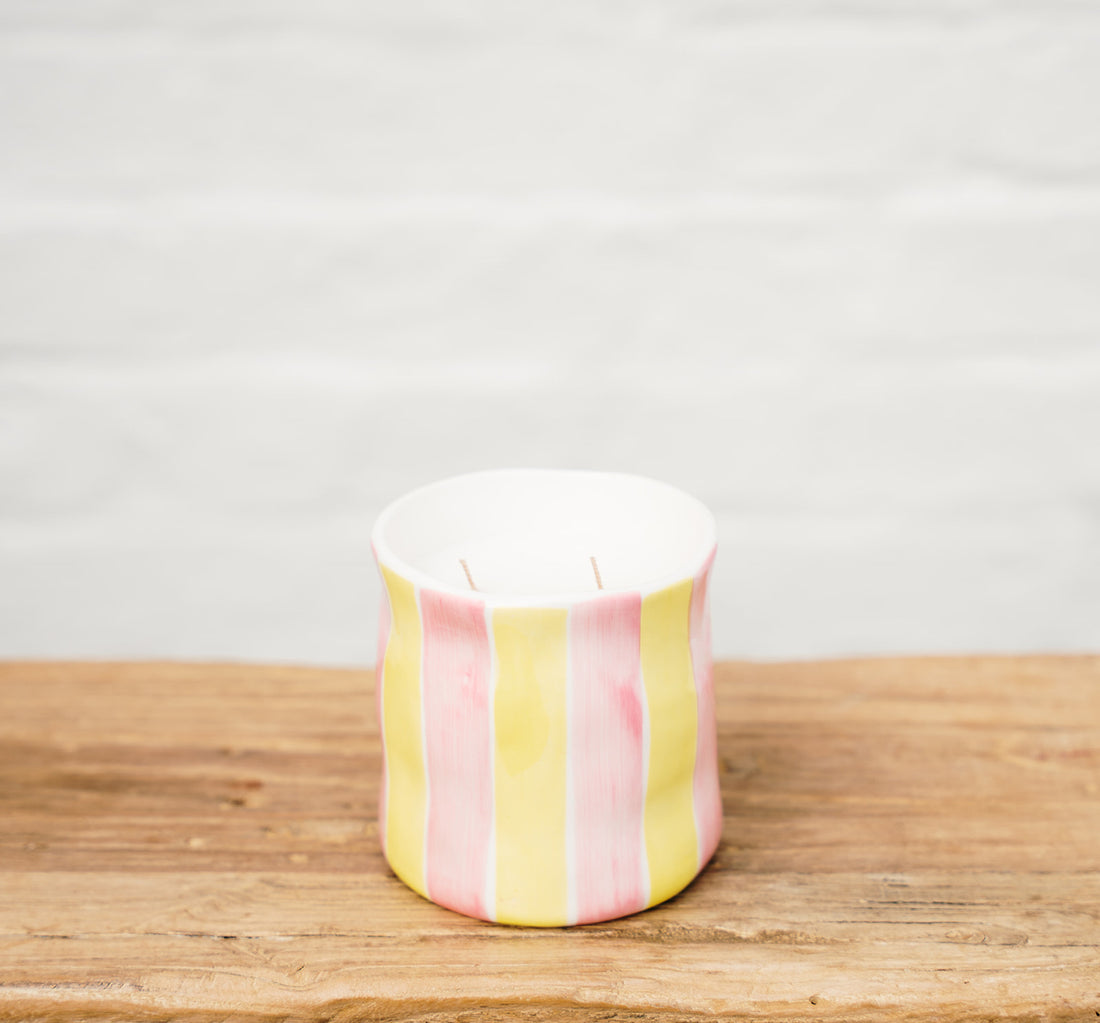 Pink Yellow Striped Ceramic Soy Candle | Noss and Co | Australia