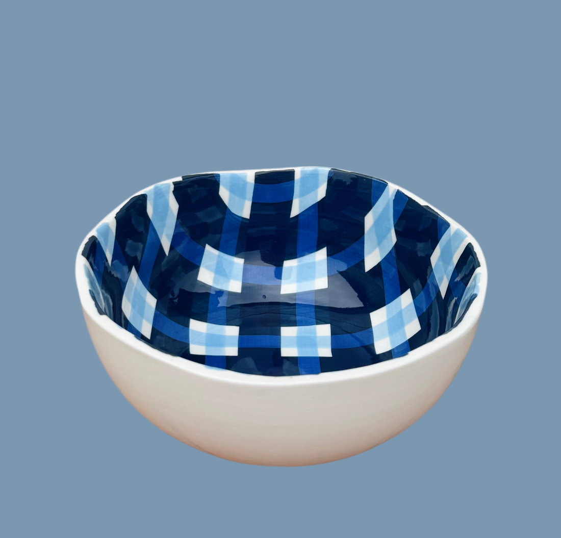 Medium Bowl - Navy and Cornflower Gingham