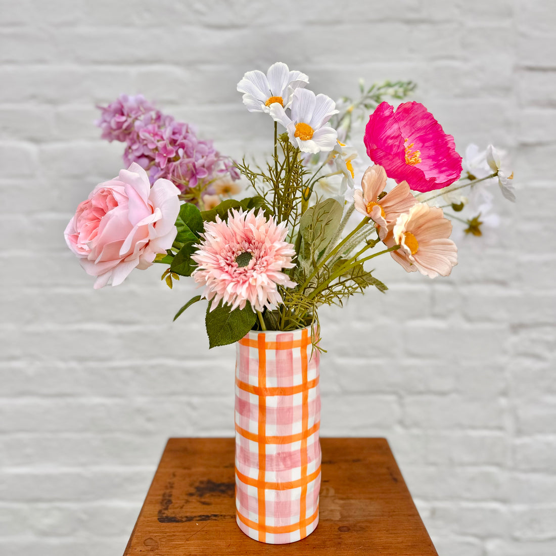 Pink and Orange Gingham Ceramic Vase | Hand Painted Ceramics Online Store