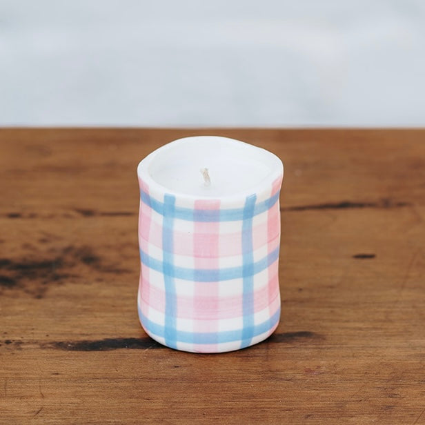 Pink Blue Gingham Ceramic Candle | Noss and Co Soy Candles | Australia