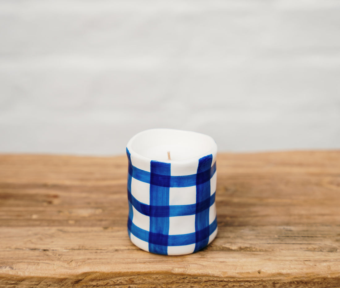 Blue White Checkered Ceramic Soy Candle | Noss &amp; Co Australia