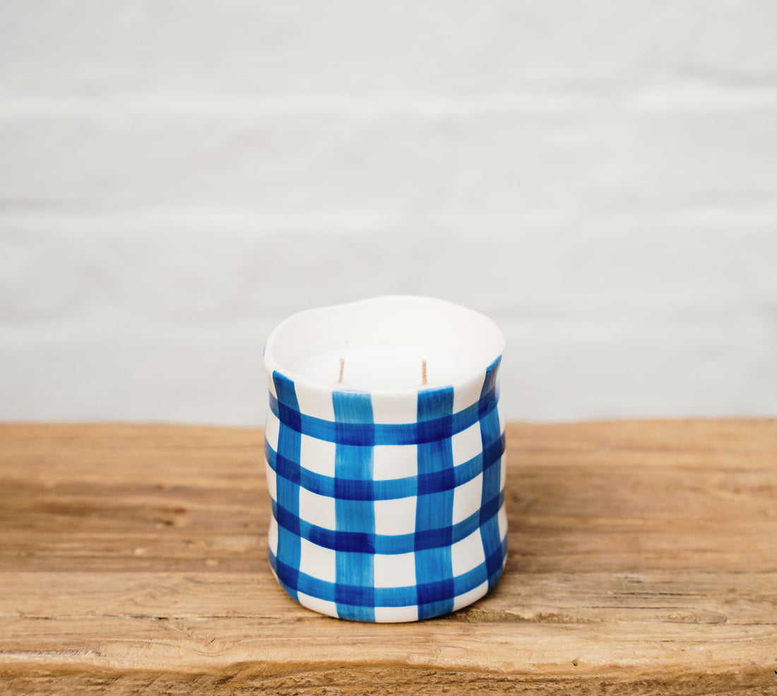 Blue Gingham Striped Ceramic Soy Candle | Noss and Co | Australia