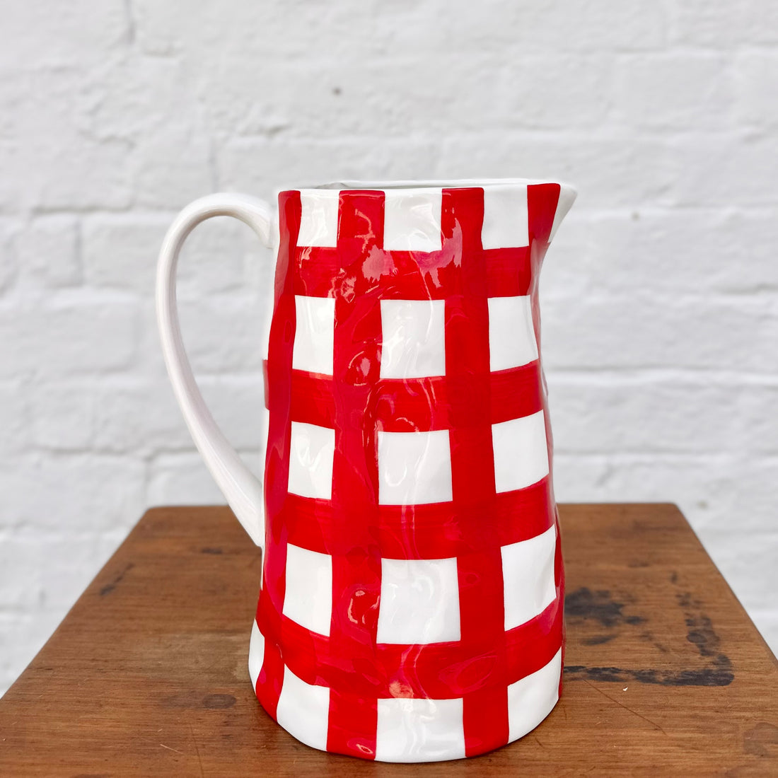 Red &amp; White Gingham Patterned Ceramic Jug | Noss and Co Handmade Jugs