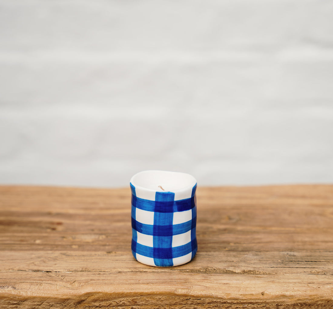 Blue White Checkered Ceramic Soy Candle Australia | Noss &amp; Co