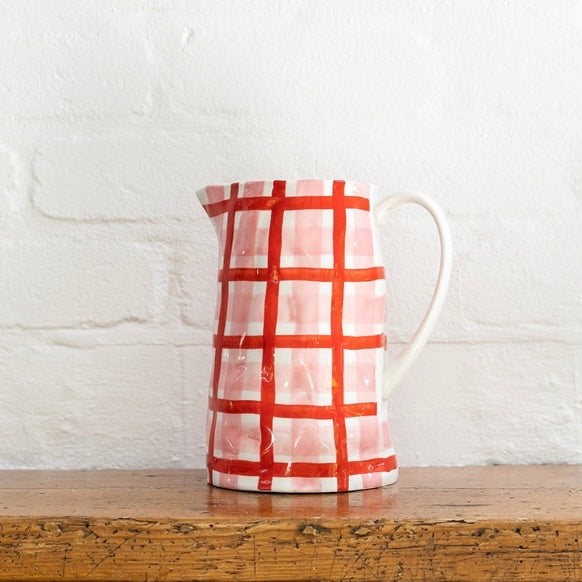 Medium Size Ceramic Jug Australia | Pink &amp; Red Gingham Stripe
