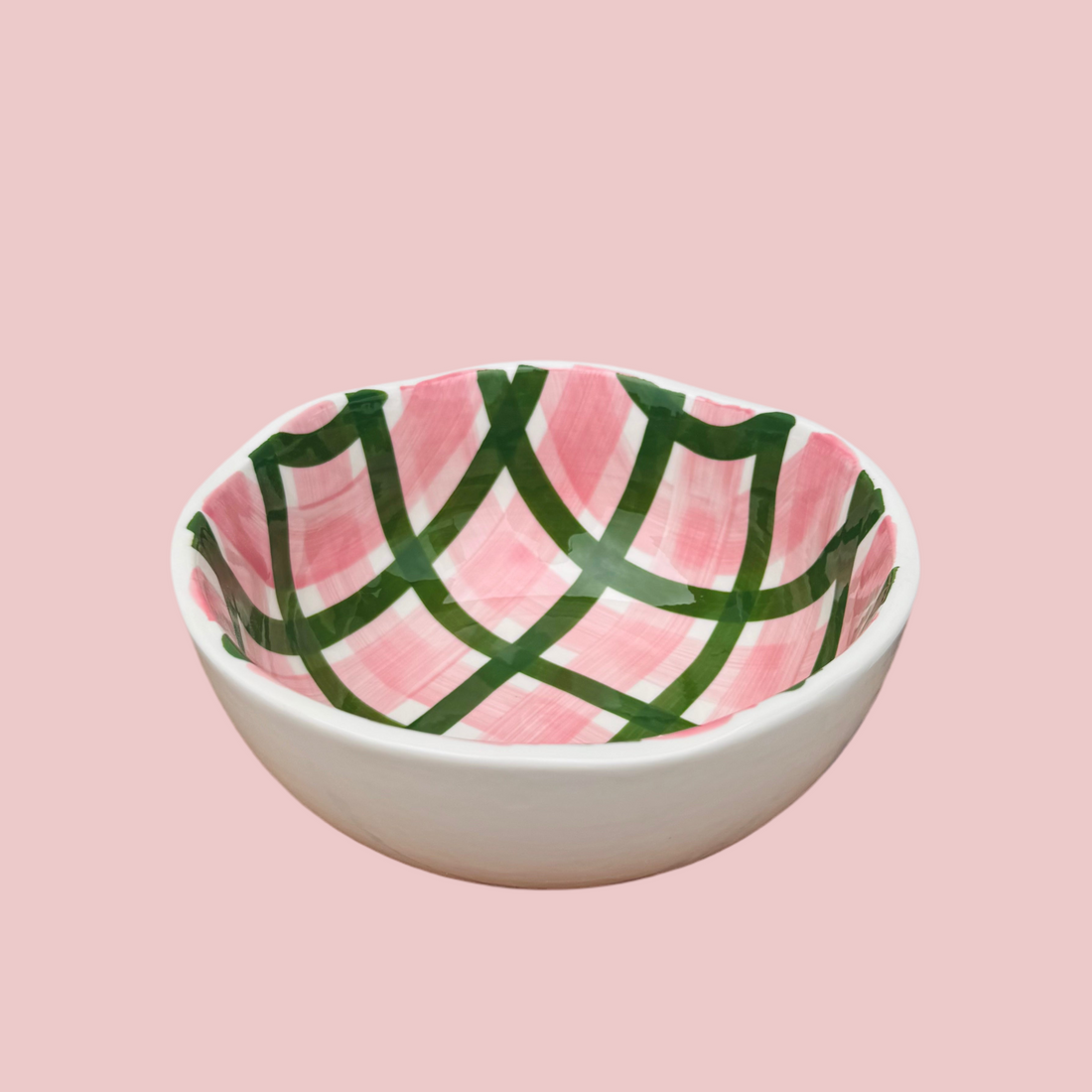 Medium Bowl - Dark Green and Pink Gingham