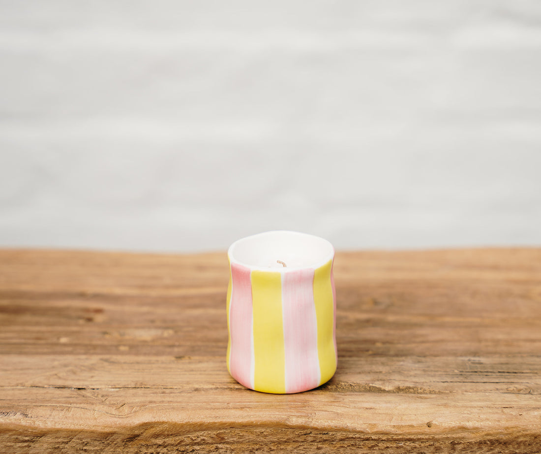 Pink Yellow Striped Ceramic Candle | Noss &amp; Co Soy Candles | Australia