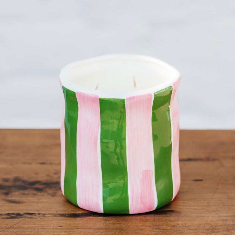 Pink Green Striped Ceramic Soy Candle Australia | Noss &amp; Co