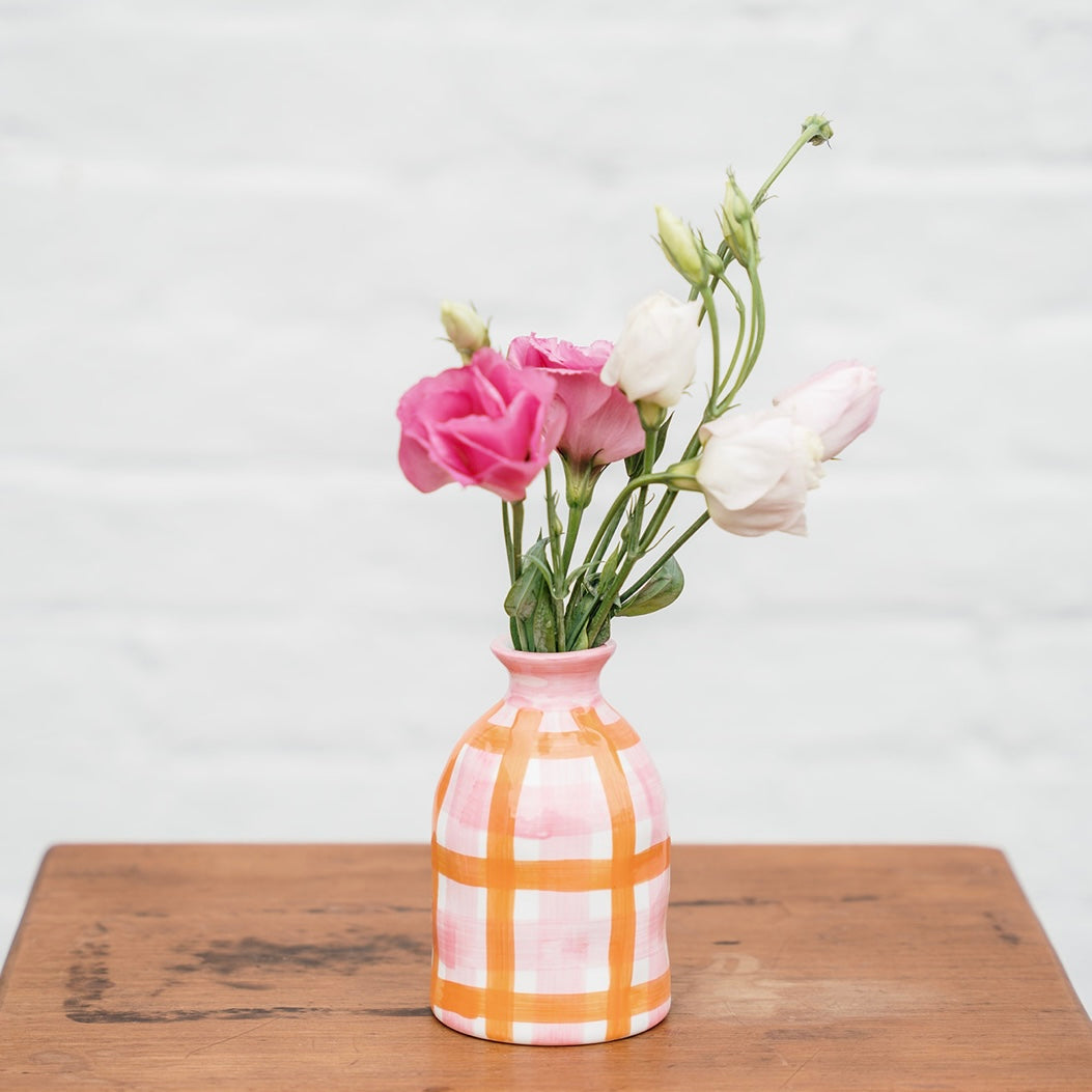Noss and Co Ceramic Bud Vase Australia | Pink and Orange Gingham