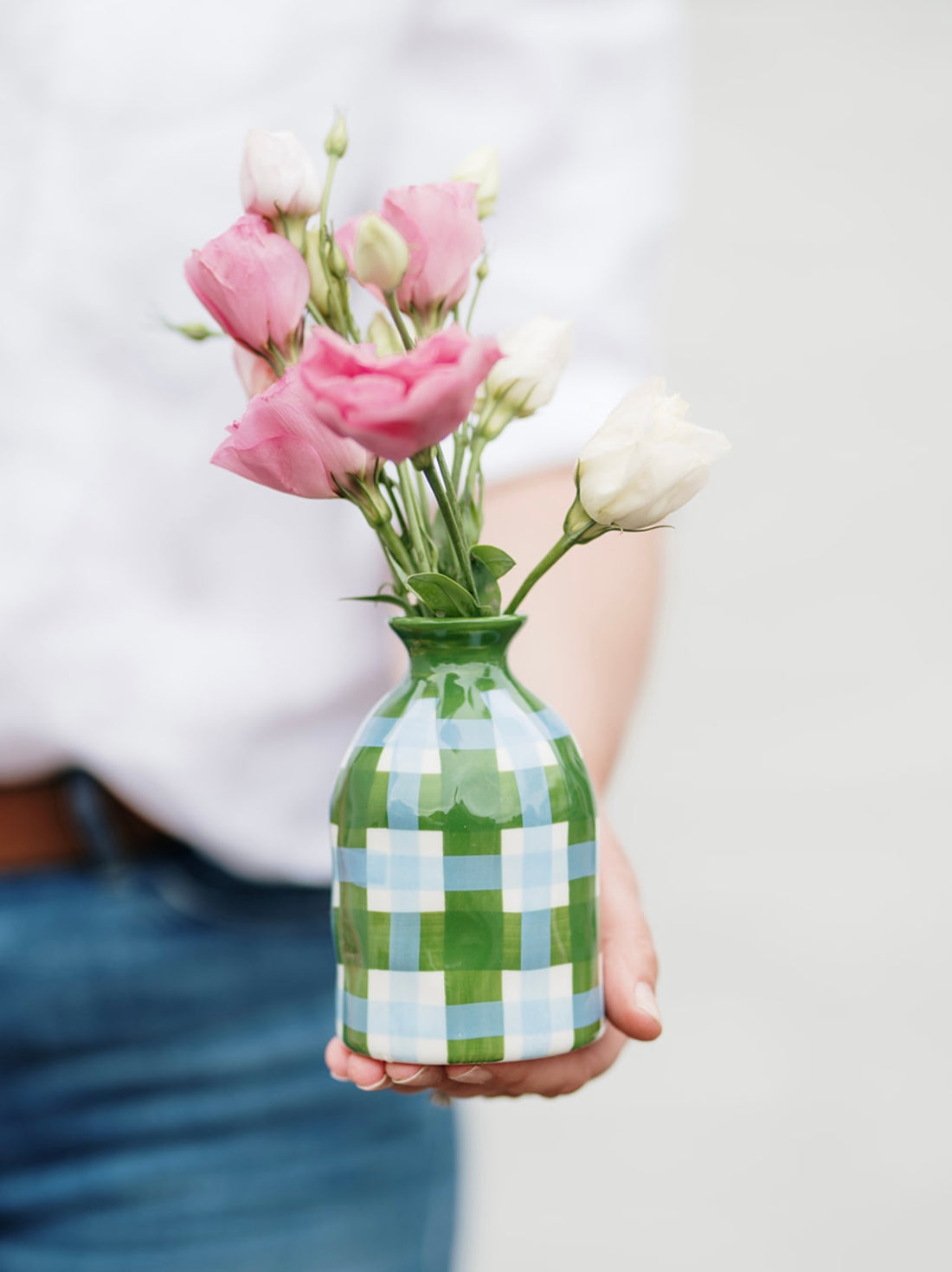 Emerald Green &amp; Cornflower Blue Gingham Ceramic Bud Vase Australia