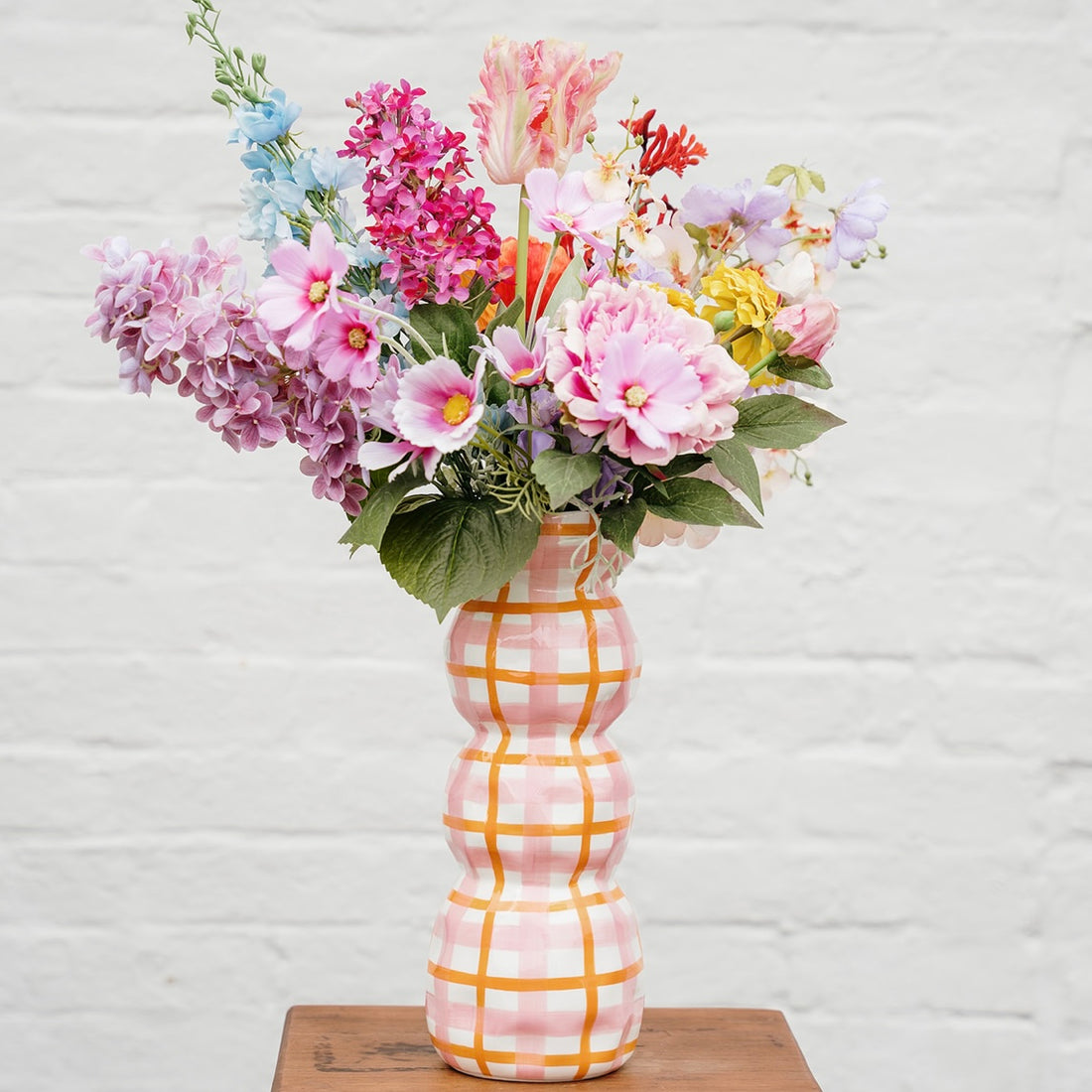 Colourful Triple Gourd Ceramic Vase in Pink and Orange Gingham Pattern | Australia Ceramic Online Store
