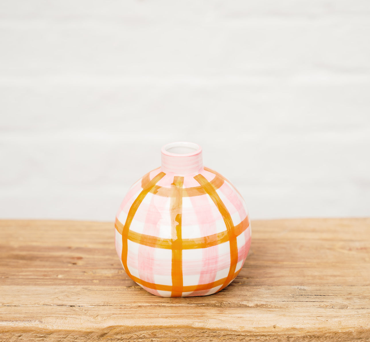 Round Bud Vase - Pink &amp; Orange Gingham