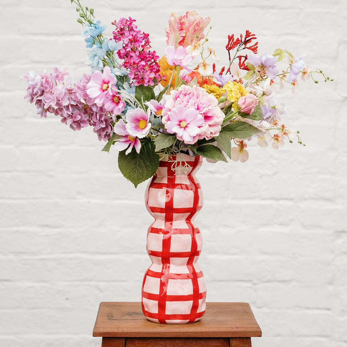 Hand Painted Pink and Red Gingham Ceramic Vase Australia