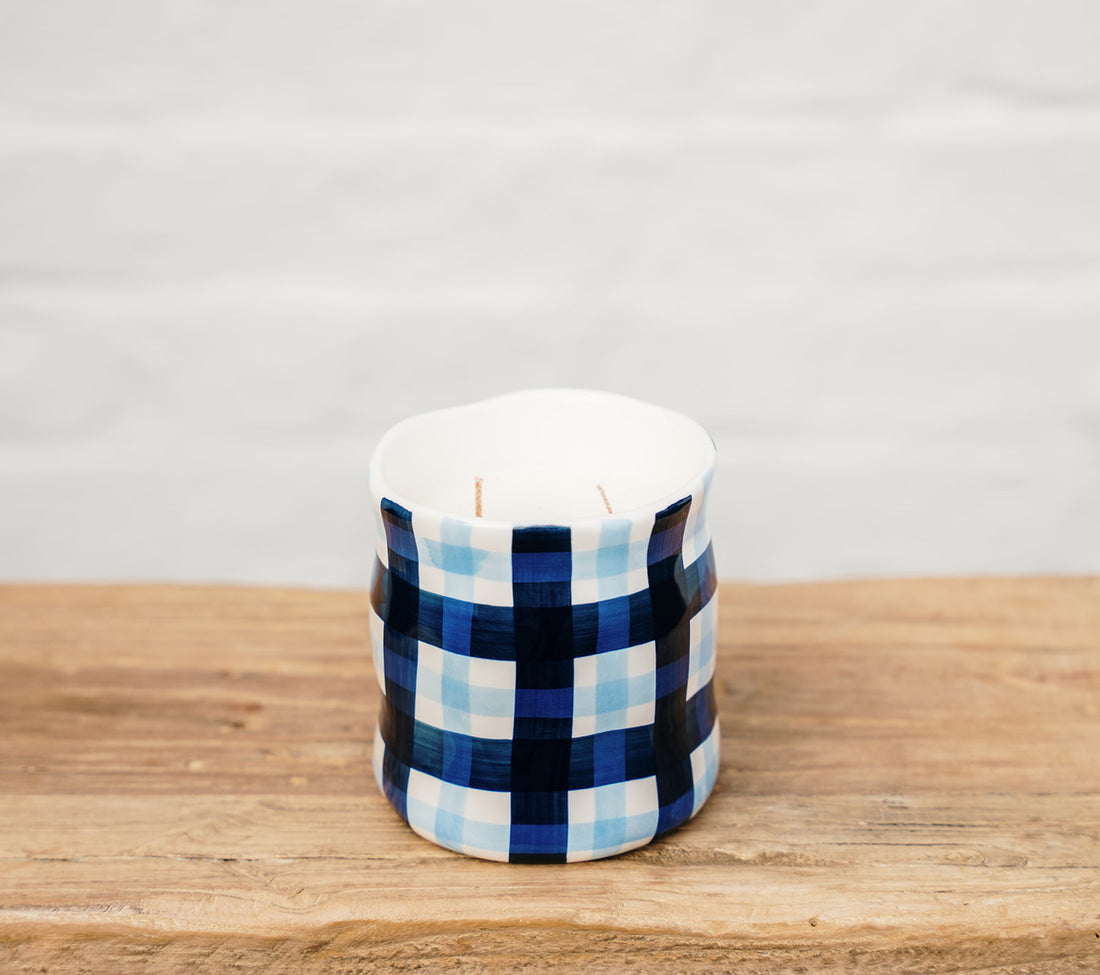 Blue White Checkered Ceramic Candle Soy | Noss and Co Australia