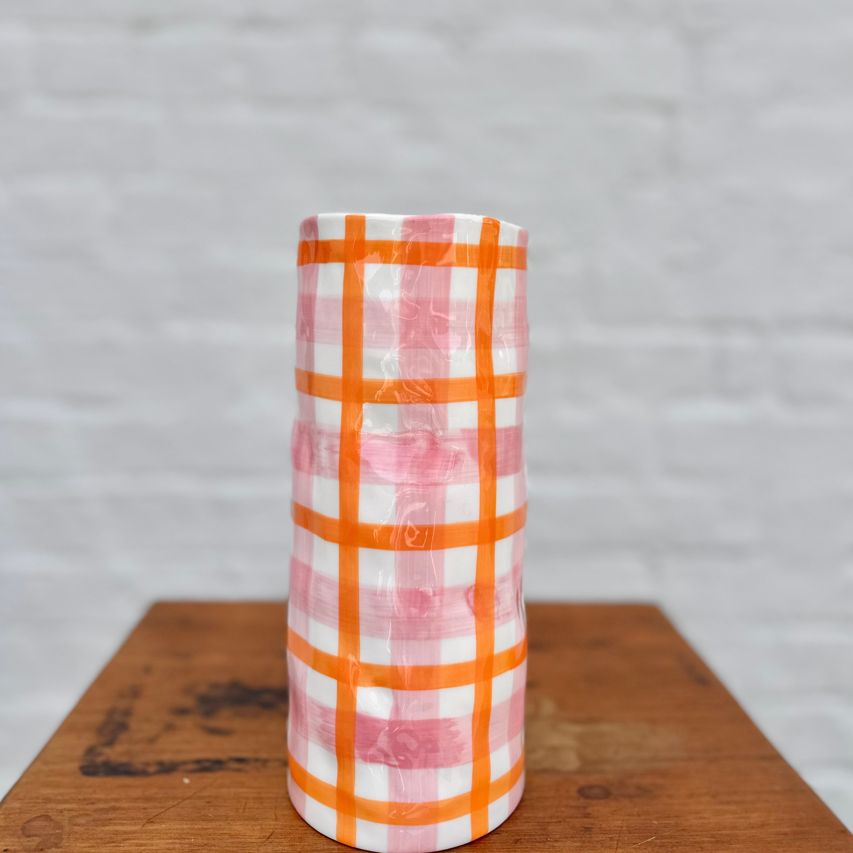Colourful Ceramic Vase with Pink and Orange Gingham Design | Noss and Co Australia