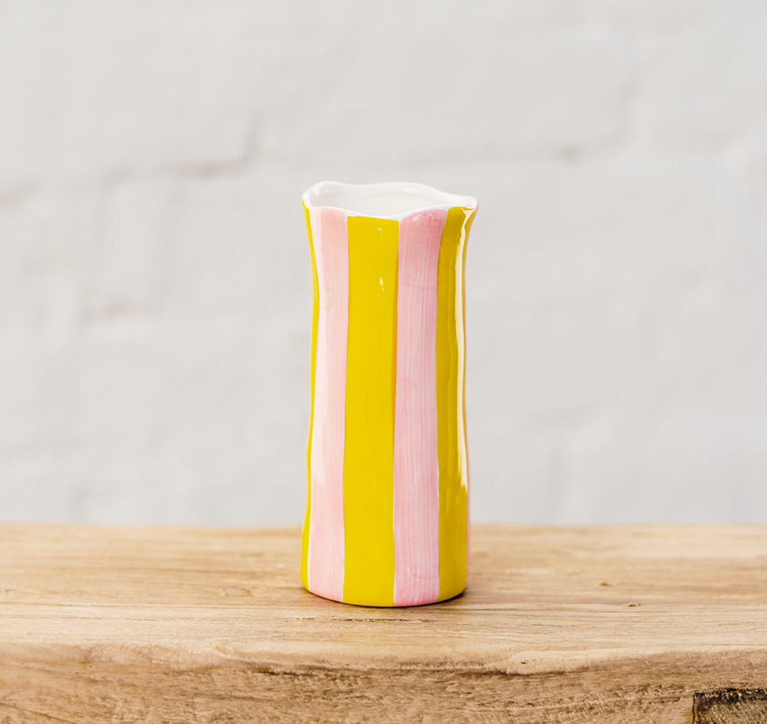 Small Ceramic Vase in Pink and Yellow Stripes | Colourful Hand Painted Ceramics