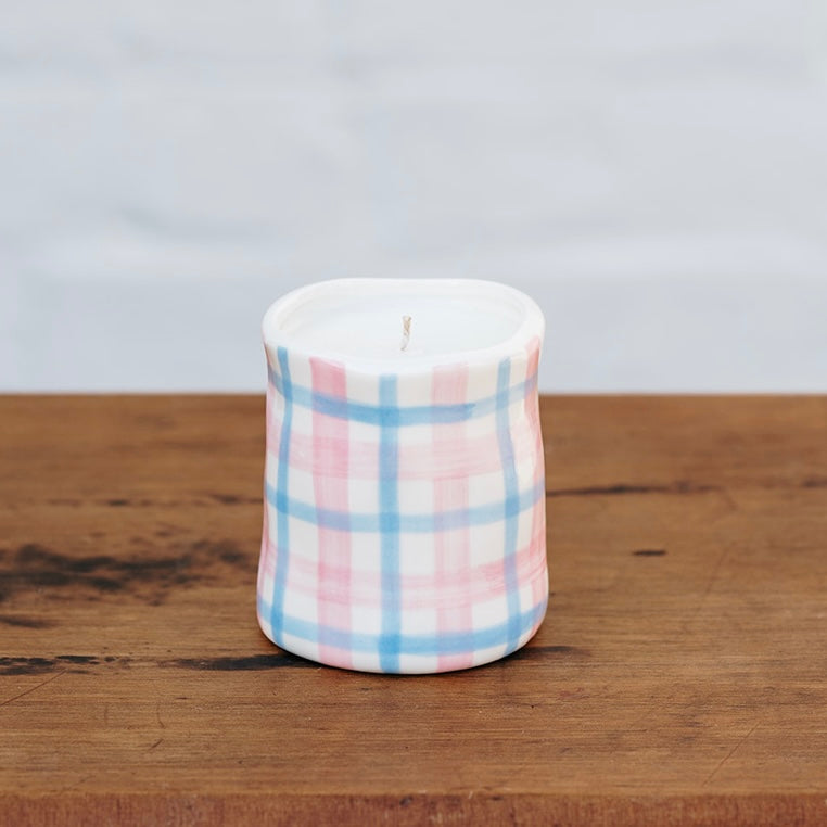 Pink Blue Gingham Soy Ceramic Candle | Noss and Co Australia 