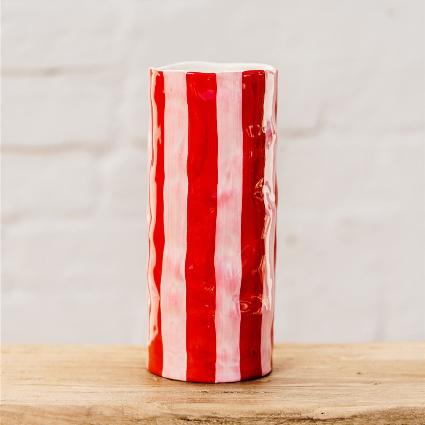 Noss &amp; Co Hand Painted Red &amp; Pink Stripe Medium Ceramic Vase