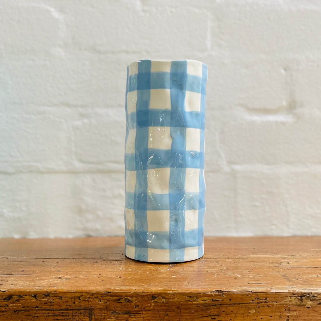 Handmade Ceramic Vase in Cornflower Blue &amp; White Gingham | Medium Vases