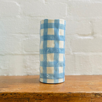 Handmade Ceramic Vase in Cornflower Blue &amp; White Gingham | Medium Vases