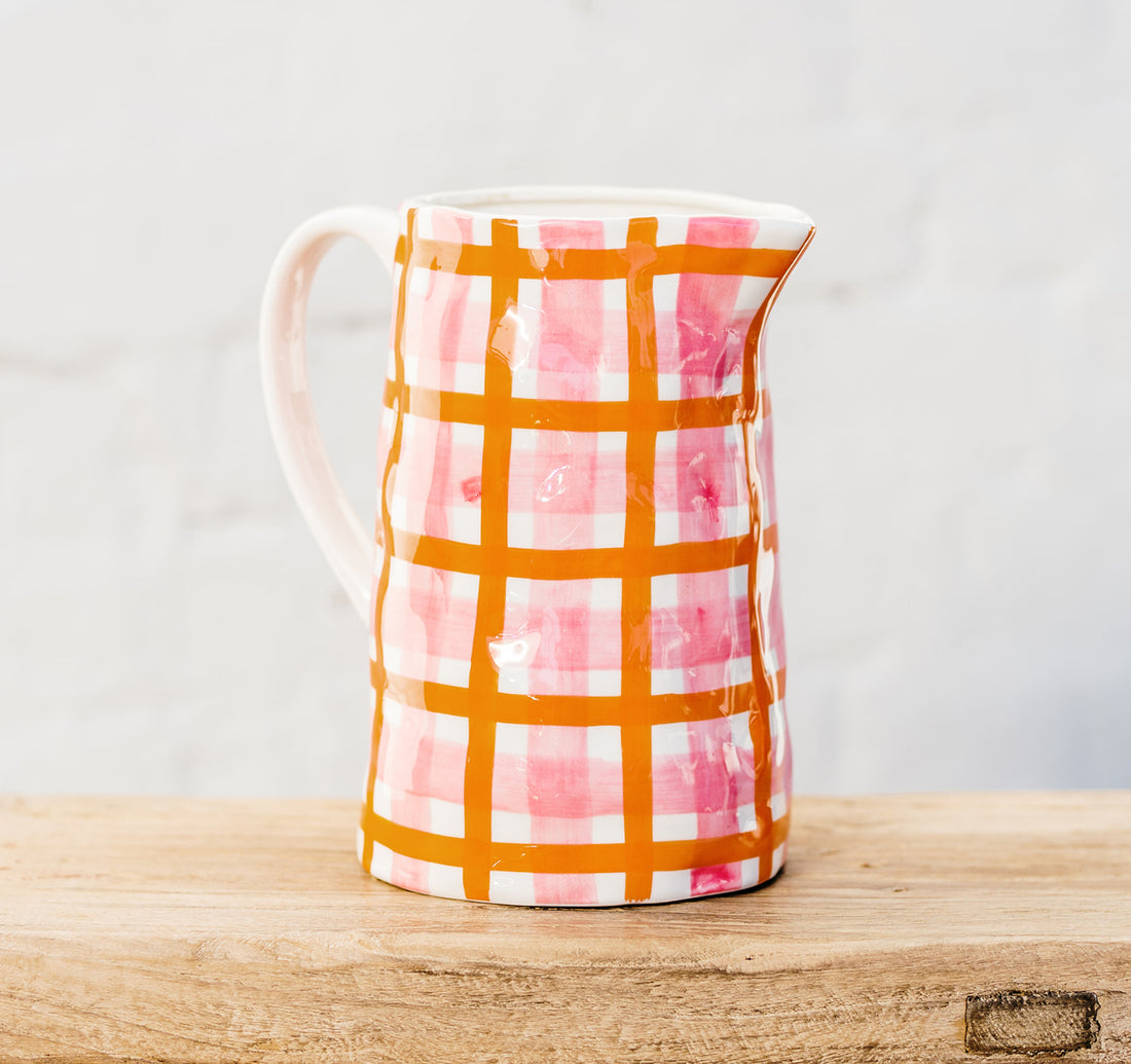 Pink and Orange Gingham Jug | Handmade Ceramic Jugs Australia