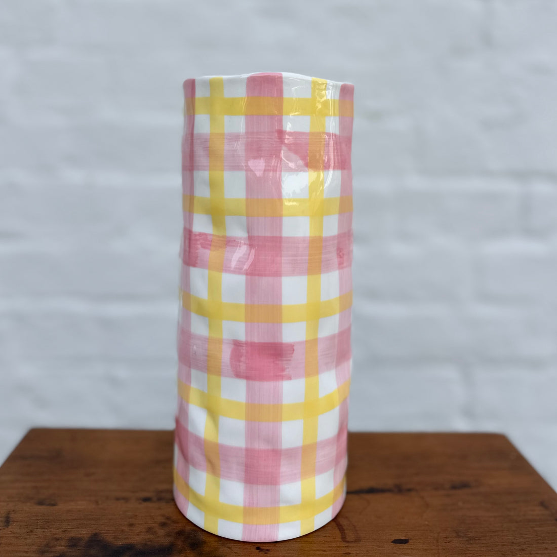Colourful Hand Painted Ceramic Vase | Pink and Yellow Gingham Medium Vase