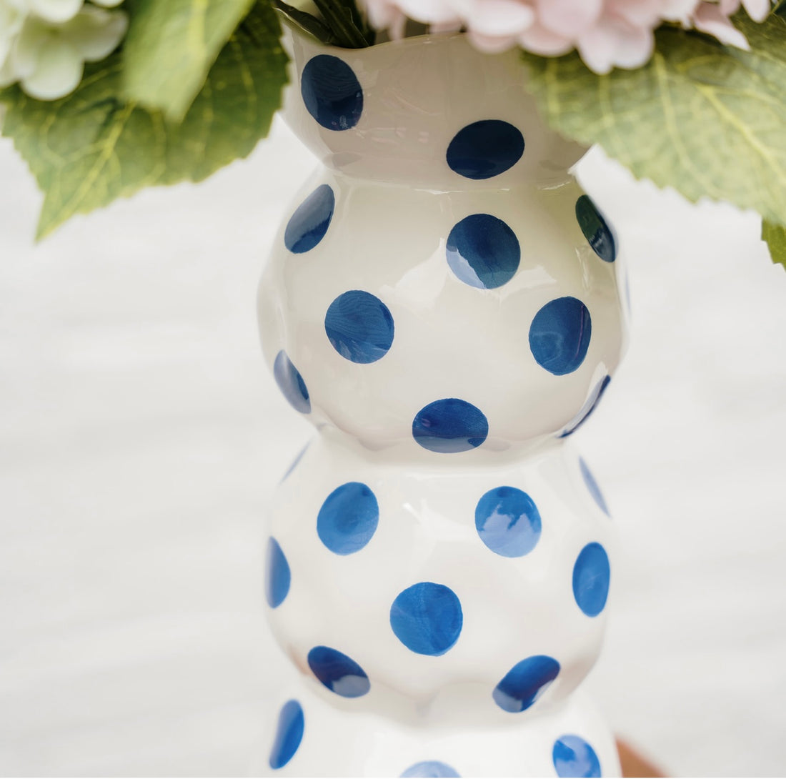 3 Tier Gourd Ceramic Vase with Hand Painted Blue Spots