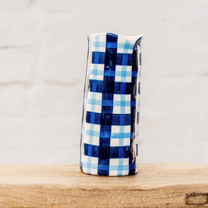 Navy &amp; Light Blue Gingham Large Ceramic Vase | Noss and Co