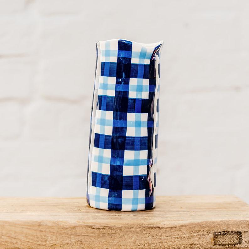 Medium Ceramic Vase Hand Painted with Cornflower Blue and Navy Gingham Pattern