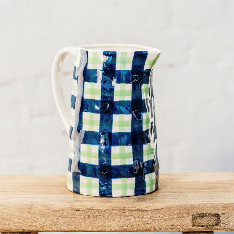 Hand Painted Noss and Co Ceramic Jug in Navy and Mint Green Gingham Pattern