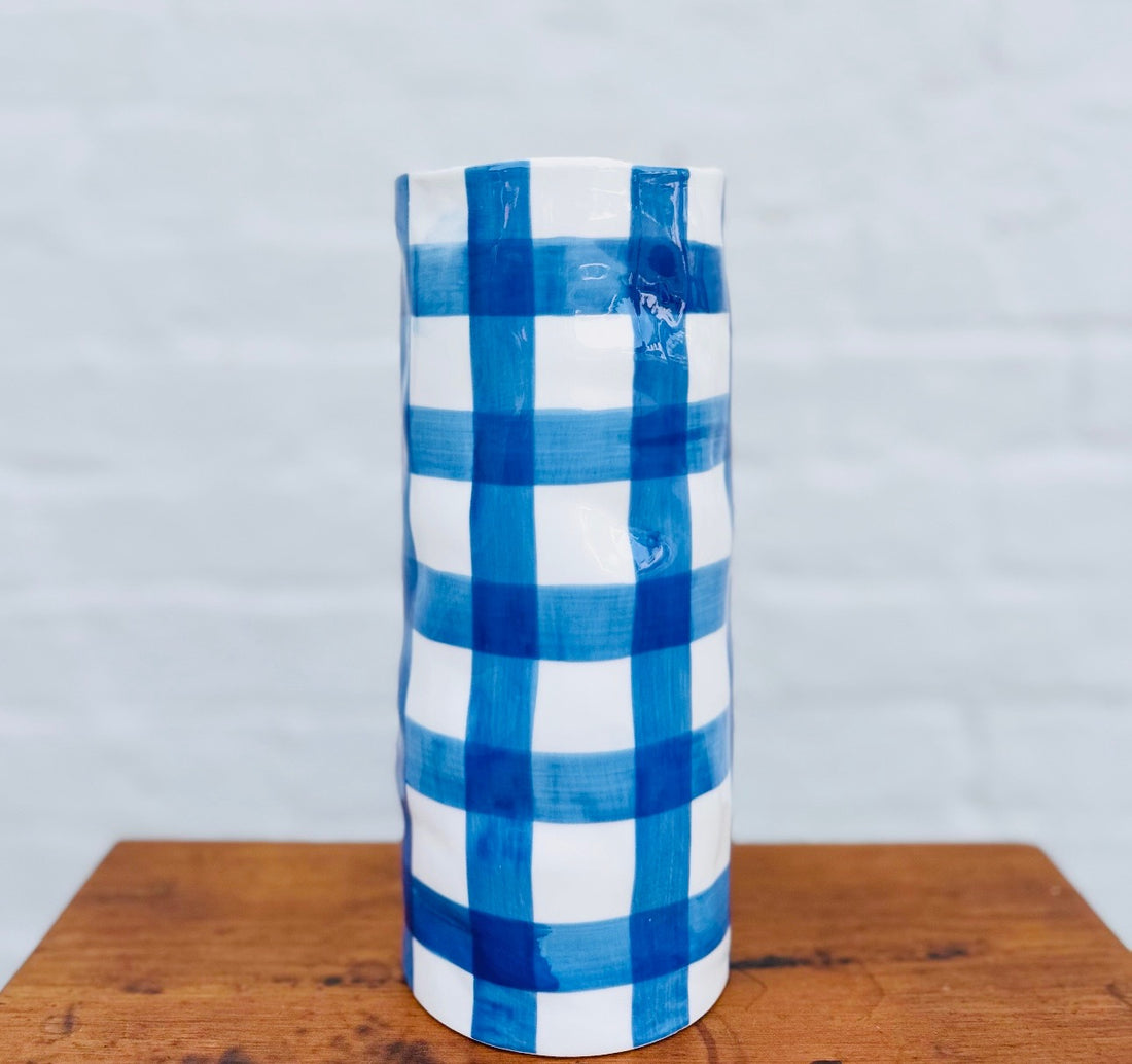 Classic Blue and White Gingham Pattern Ceramic Vase Australia