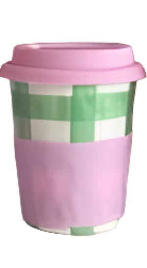 Mint Green Gingham Ceramic Travel Mug