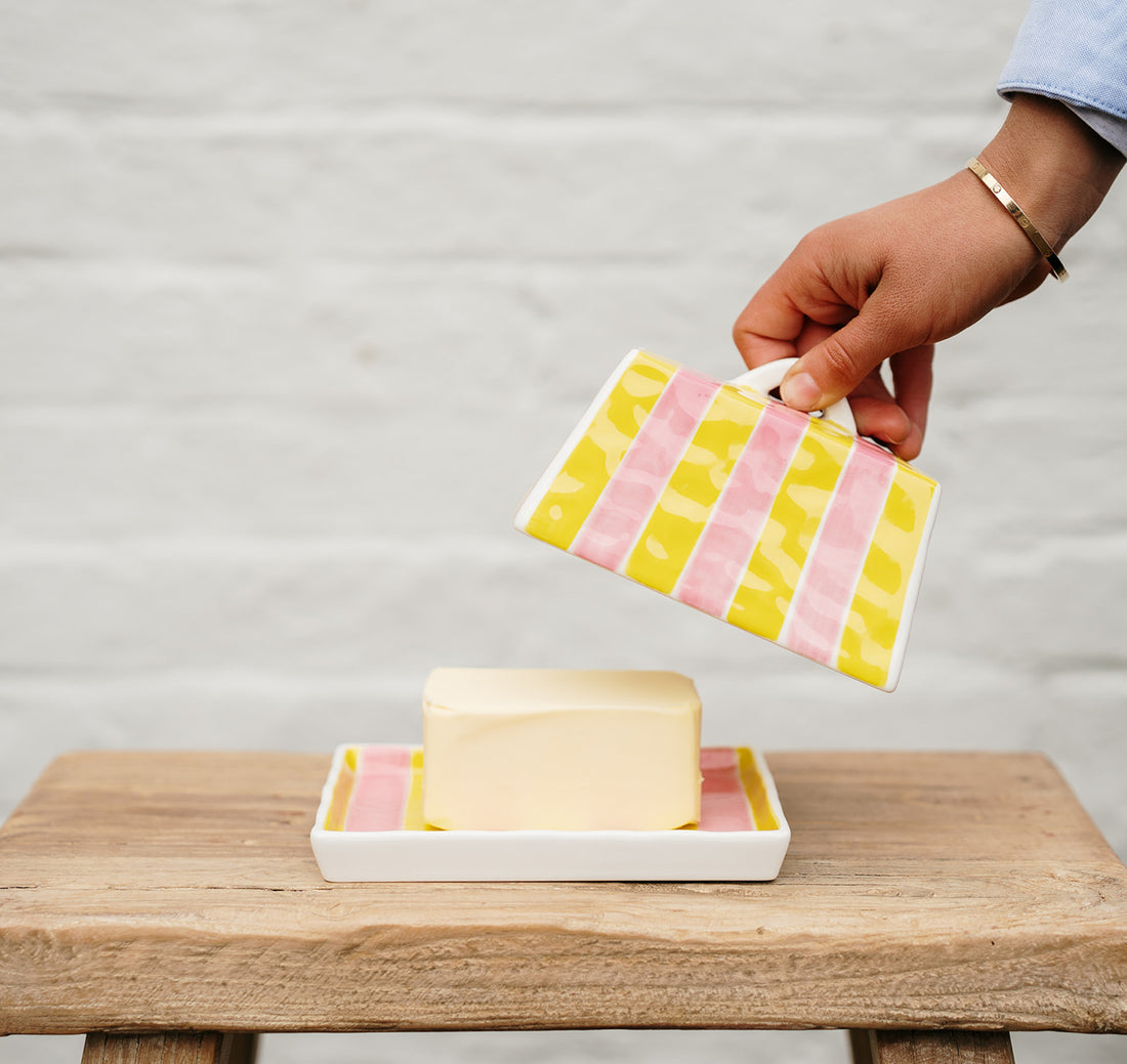 Pink &amp; Yellow Stripe Large Butter Dish