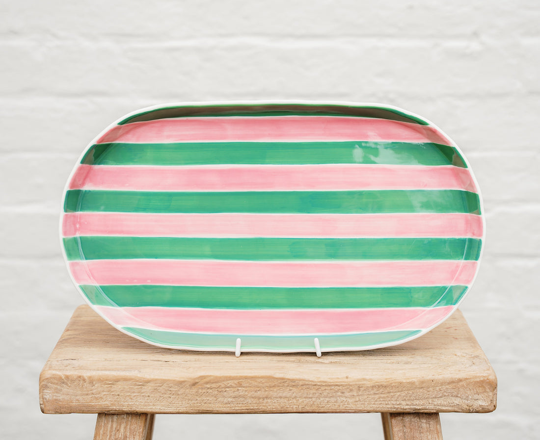 Pink &amp; green stripes Ceramic Oval Platter
