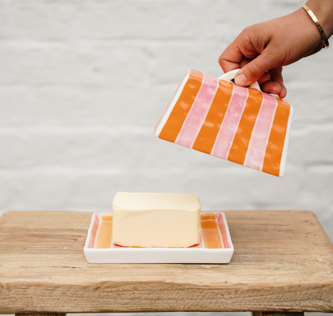 Orange &amp; Pink Stripe Large Butter Dish
