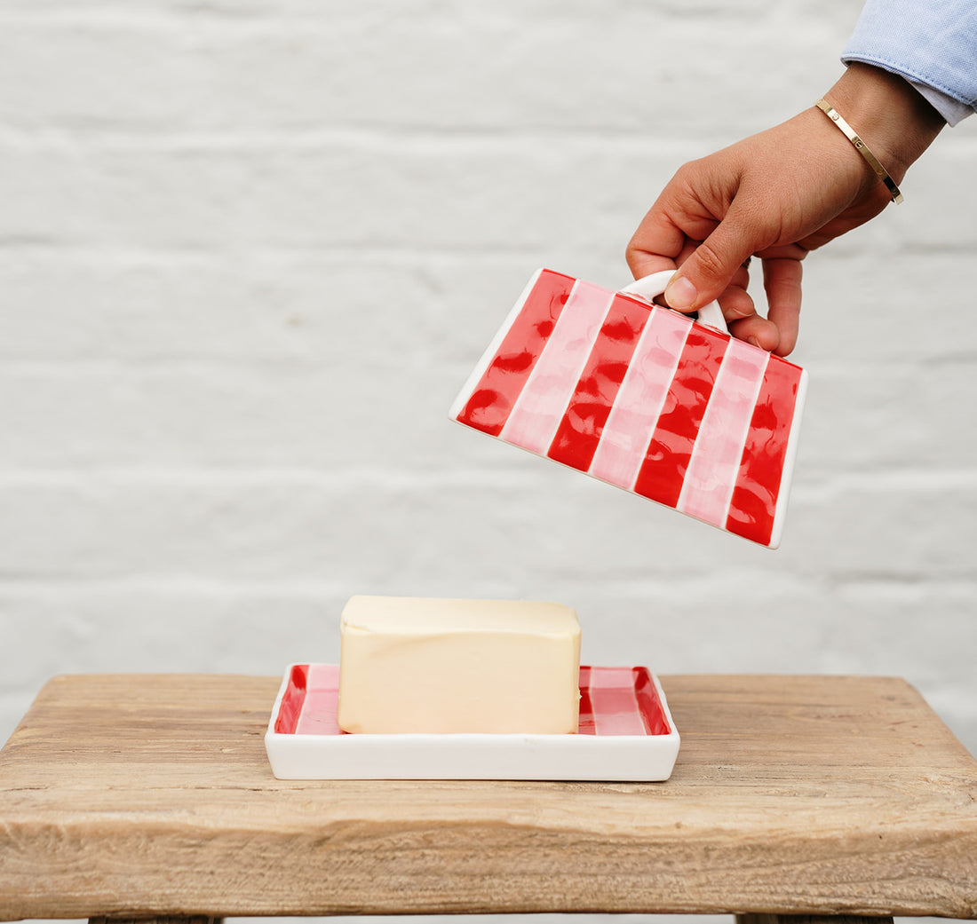 Red &amp; Pink Stripe Large Butter Dish | Noss and Co
