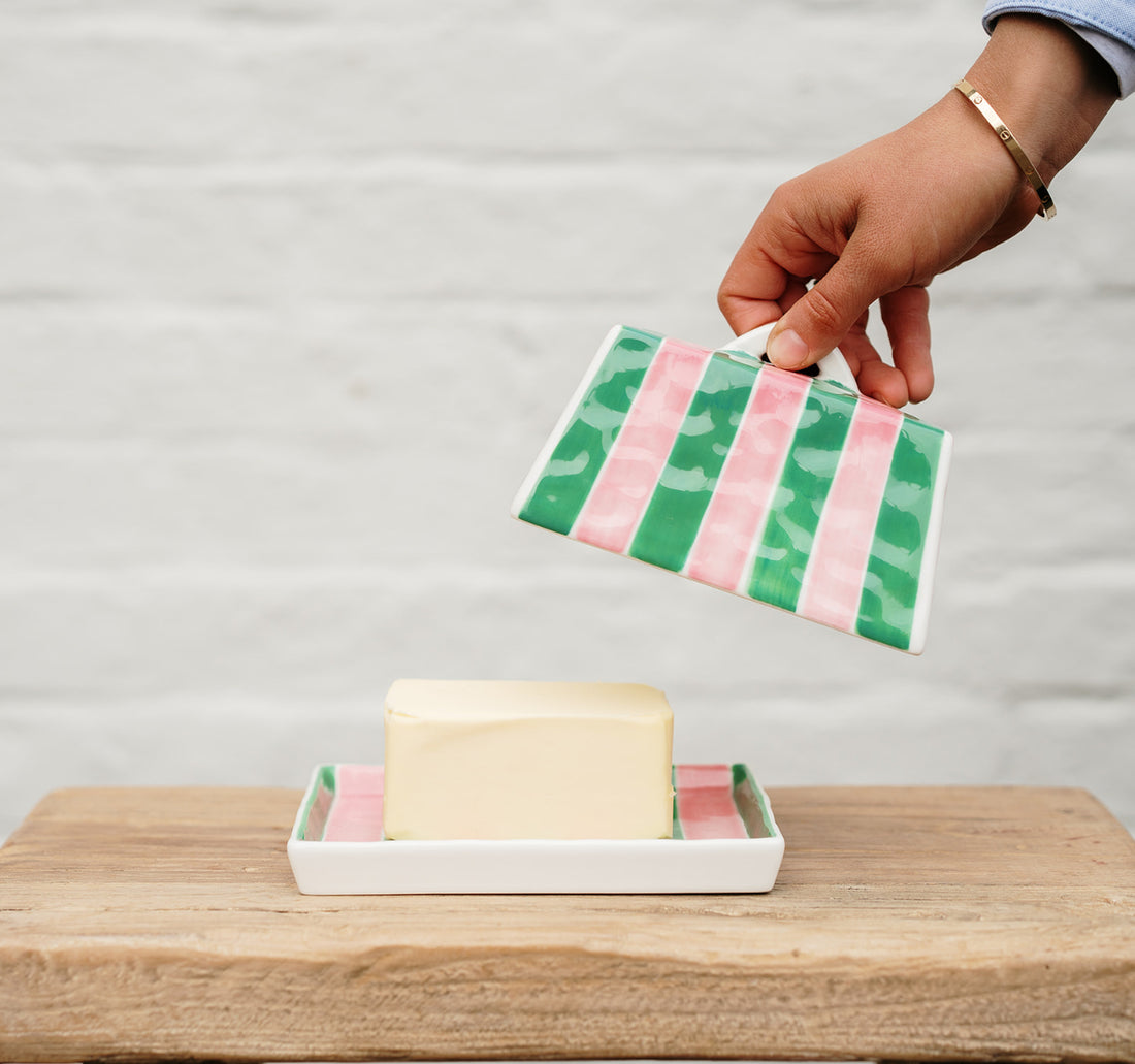 Pink &amp; Green Stripe Large Butter Dish
