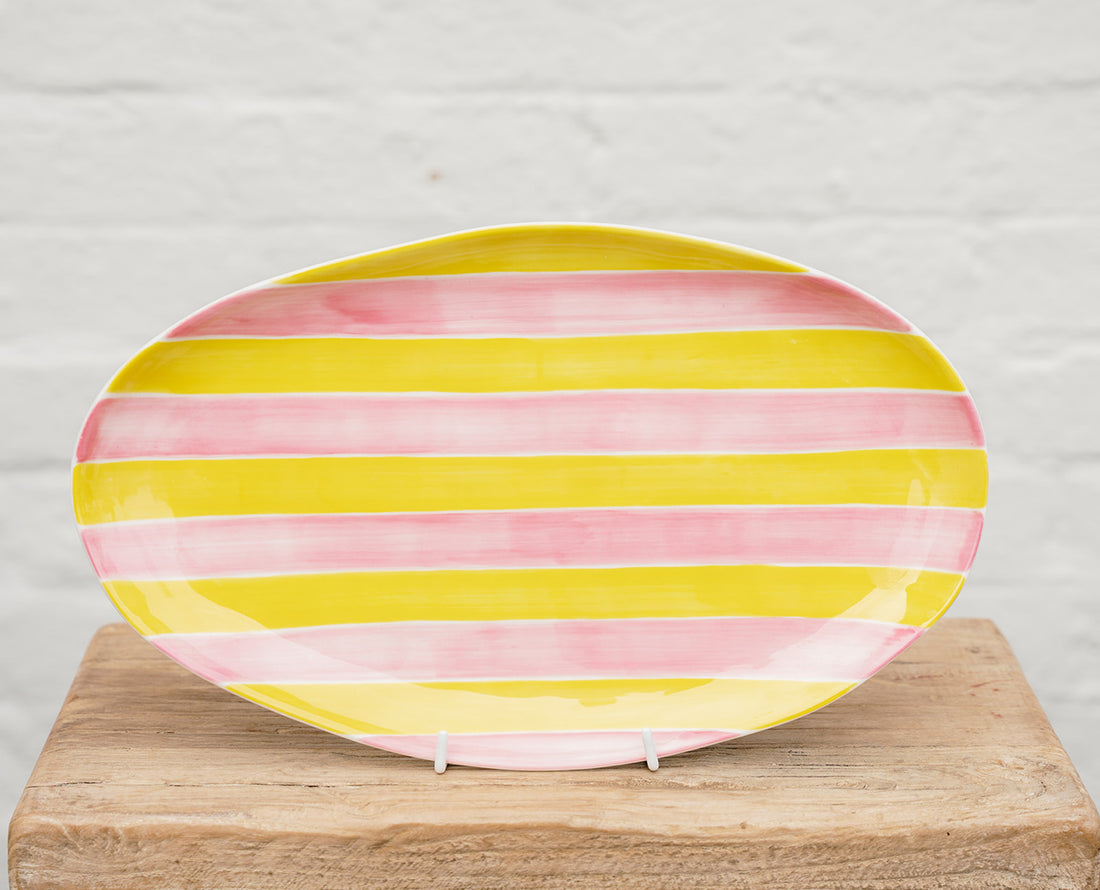 AUGUST PREORDER Small Oval Platter - Pink &amp; Yellow stripes