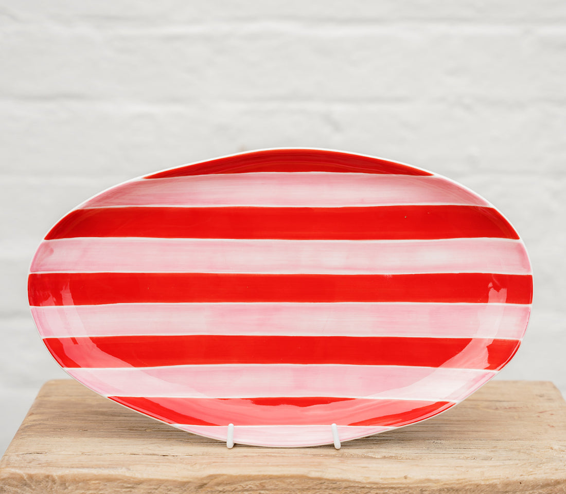 Small Oval Platter - Pink &amp; Red stripe