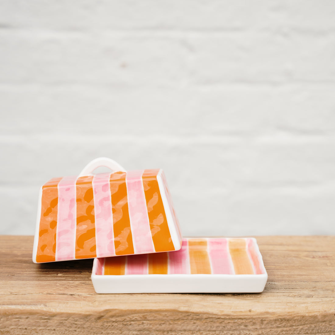 AUGUST PREORDER Large Butter Dish - Orange &amp; Pink Stripe