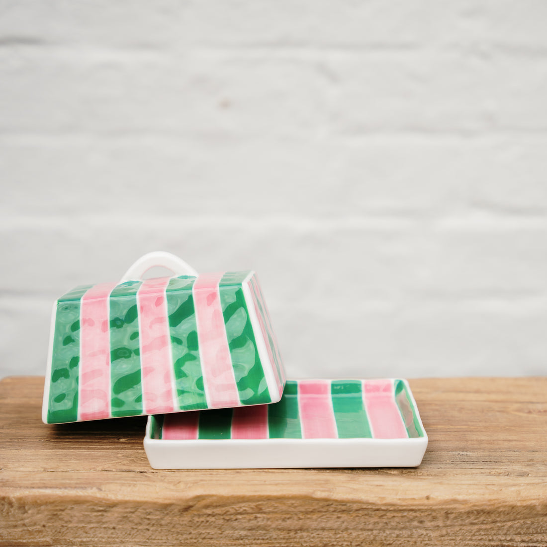 AUGUST PREORDER Large Butter Dish - Pink &amp; Green Stripe