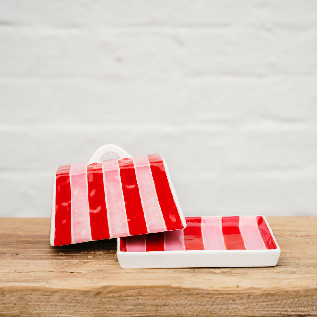 AUGUST PREORDER Large Butter Dish - Red &amp; Pink Stripe