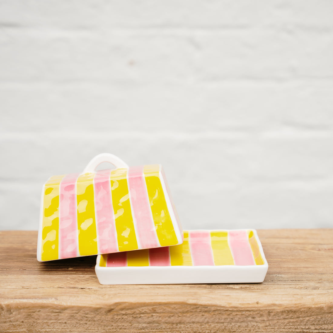 AUGUST PREORDER Large Butter Dish - Pink &amp; Yellow Stripe