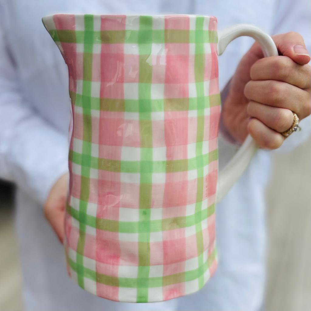 Colourful Ceramic Jug in Pink and Green Gingham | Noss and Co Australia